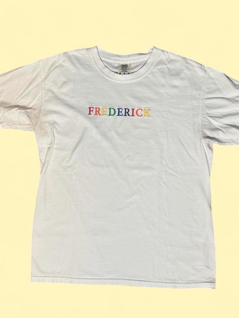 Comfort Colors White Short Sleeve T-Shirt with Rainbow "FREDERICK" Embroidery
